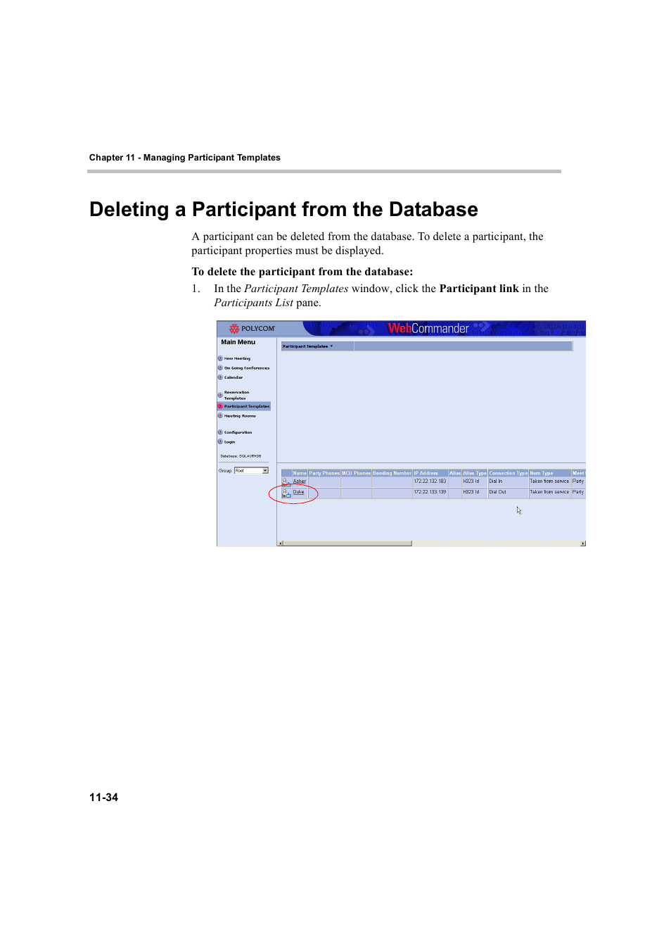 Deleting a participant from the database, Deleting a participant from the database -34 | Polycom WEBCOMMANDER 8 User Manual | Page 410 / 434