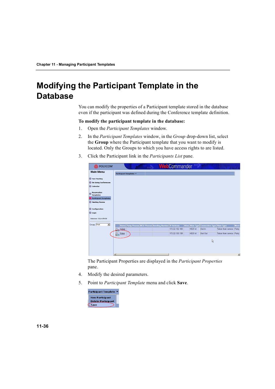 Modifying the participant template in the database | Polycom WEBCOMMANDER 8 User Manual | Page 412 / 434