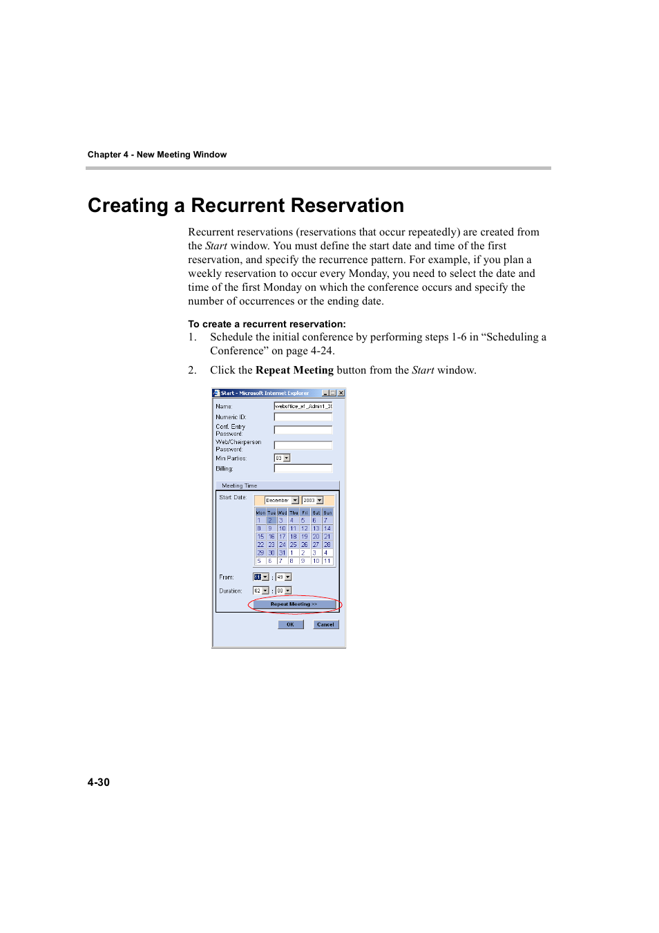 Creating a recurrent reservation, Creating a recurrent reservation -30 | Polycom WEBCOMMANDER 8 User Manual | Page 62 / 434