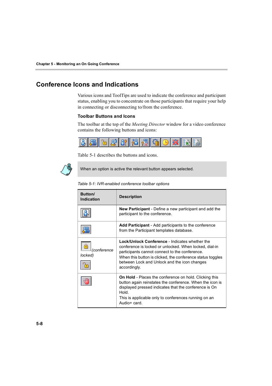 Conference icons and indications, Toolbar buttons and icons, Conference icons and indications -8 | Toolbar buttons and icons -8 | Polycom WEBCOMMANDER 8 User Manual | Page 84 / 434