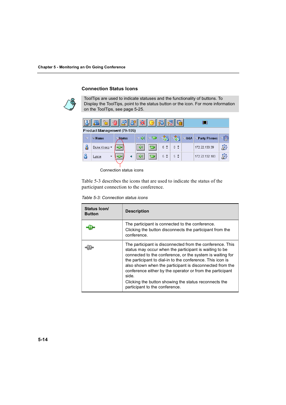 Connection status icons, Connection status icons -14 | Polycom WEBCOMMANDER 8 User Manual | Page 90 / 434