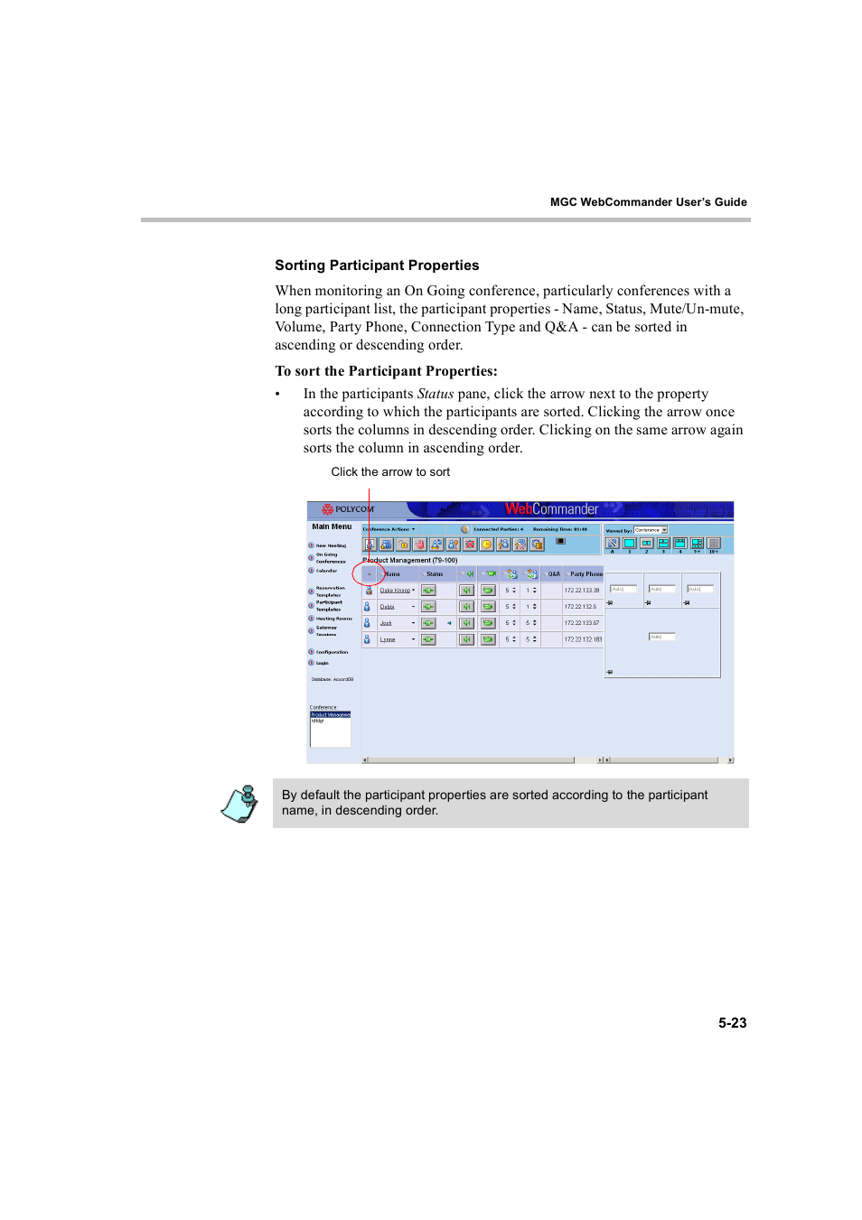 Sorting participant properties, Sorting participant properties -23 | Polycom WEBCOMMANDER 8 User Manual | Page 99 / 434
