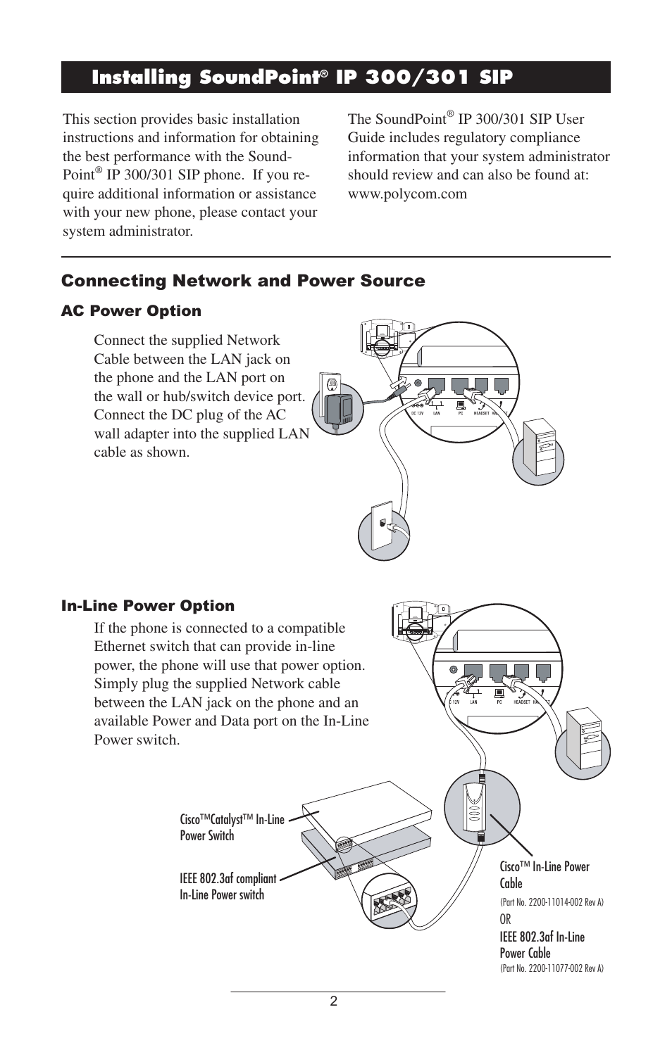 Installing soundpoint, Connecting network and power source | Polycom SOUNDPOINT 300/301 User Manual | Page 3 / 21