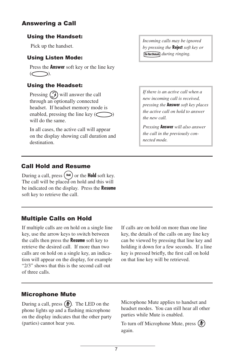 Answering a call, Multiple calls on hold, Call hold and resume | Microphone mute | Polycom SOUNDPOINT 300/301 User Manual | Page 8 / 21