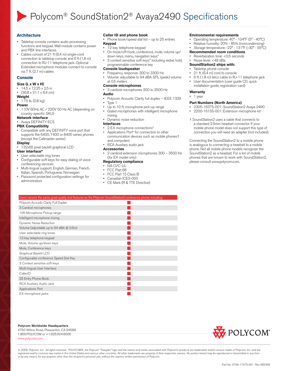 Polycom, Soundstation2, Avaya2490 specifications | Polycom SoundStation2 Avaya 2490 User Manual | Page 2 / 2