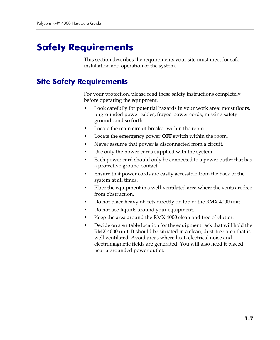 Safety requirements, Site safety requirements, Safety requirements -7 | Site safety requirements -7 | Polycom DOC2559C User Manual | Page 13 / 63