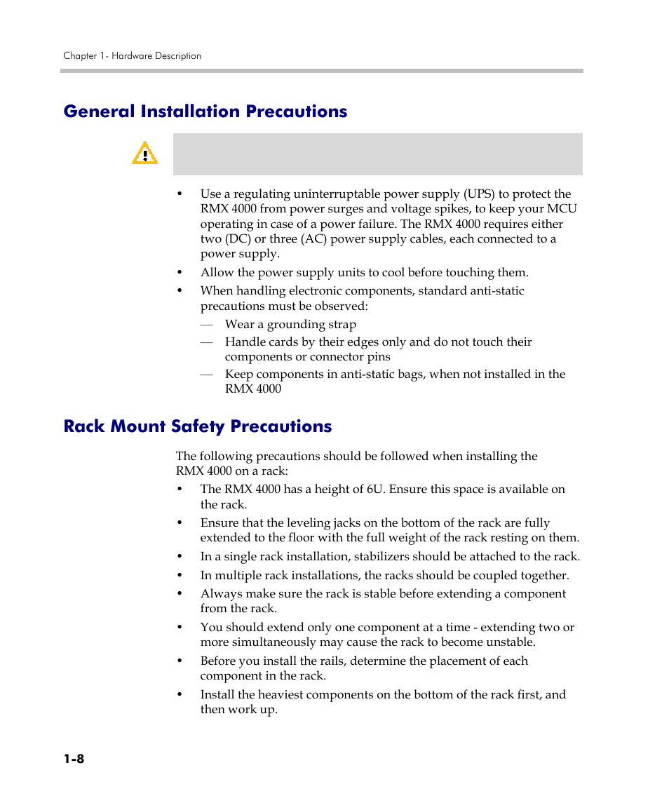 General installation precautions, Rack mount safety precautions | Polycom DOC2559C User Manual | Page 14 / 63