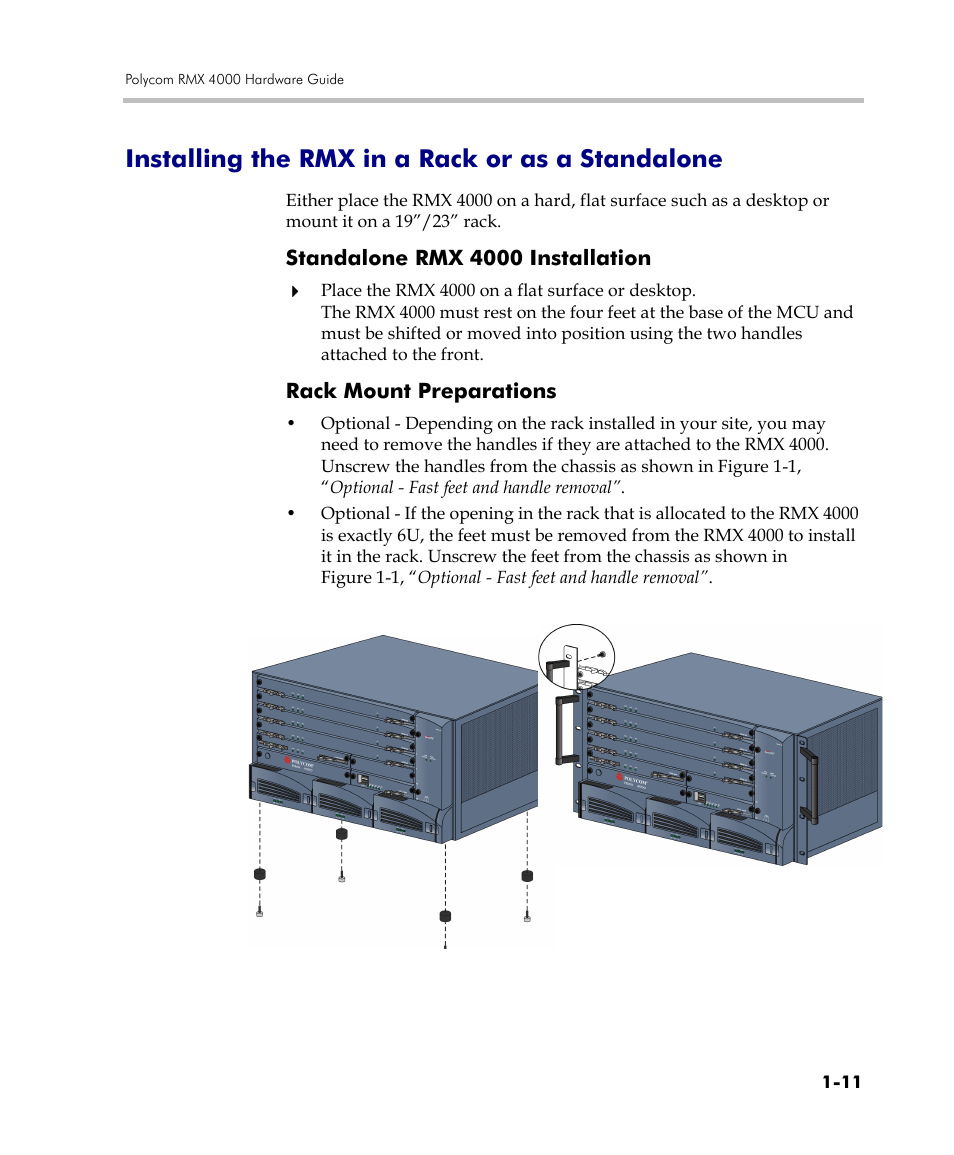 Installing the rmx in a rack or as a standalone, Standalone rmx 4000 installation, Rack mount preparations | Polycom DOC2559C User Manual | Page 17 / 63