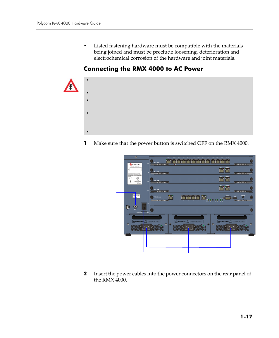 Connecting the rmx 4000 to ac power, Connecting the rmx 4000 to ac power -17 | Polycom DOC2559C User Manual | Page 23 / 63