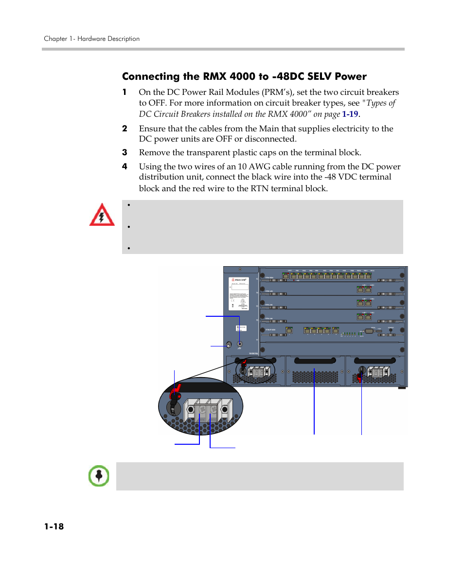 Connecting the rmx 4000 to -48dc selv power, Connecting the rmx 4000 to -48dc selv power -18 | Polycom DOC2559C User Manual | Page 24 / 63