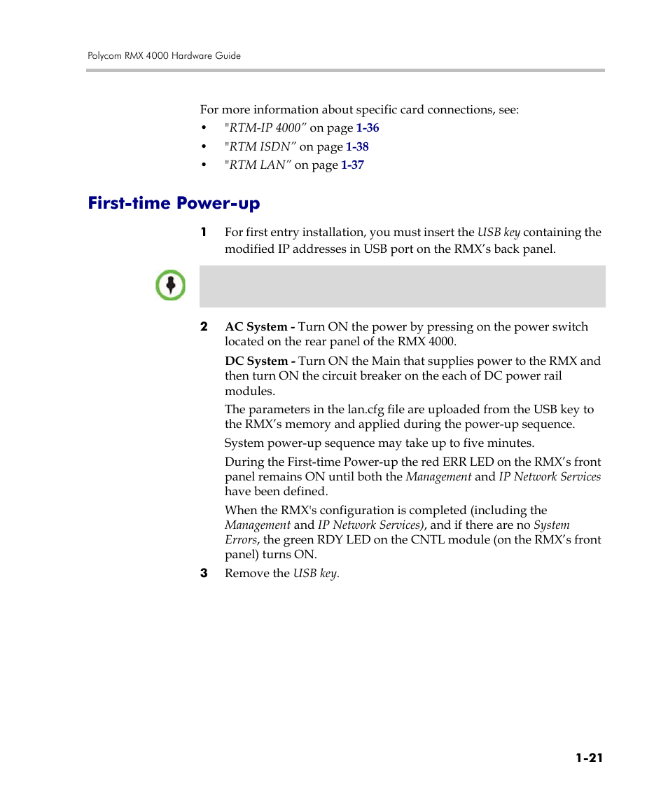 First-time power-up, First-time power-up -21 | Polycom DOC2559C User Manual | Page 27 / 63