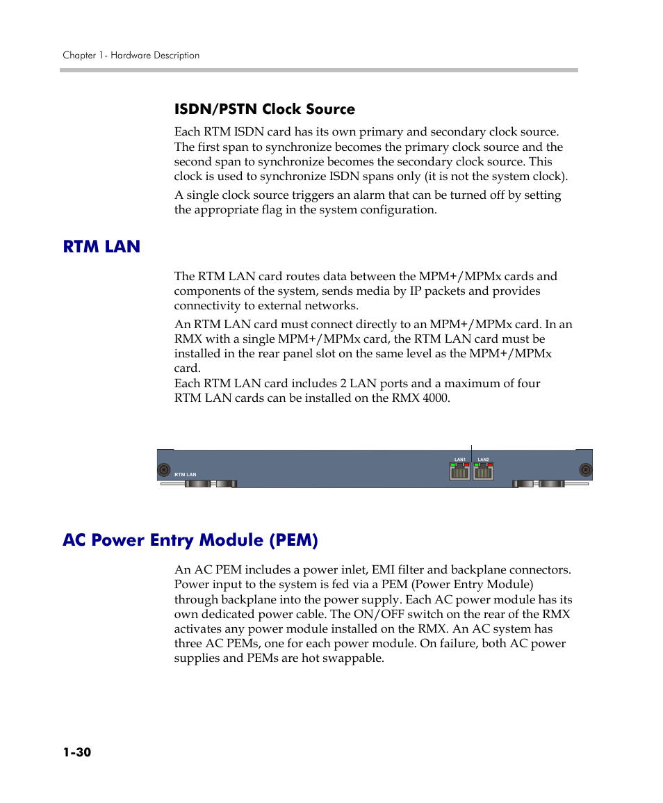 Isdn/pstn clock source, Rtm lan, Ac power entry module (pem) | Isdn/pstn clock source -30, Rtm lan -30 ac power entry module (pem) -30 | Polycom DOC2559C User Manual | Page 36 / 63