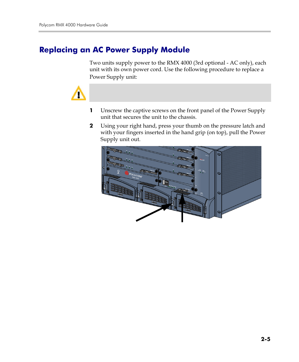 Replacing an ac power supply module, Replacing an ac power supply module -5, See " replacing an ac power supply | Polycom DOC2559C User Manual | Page 49 / 63