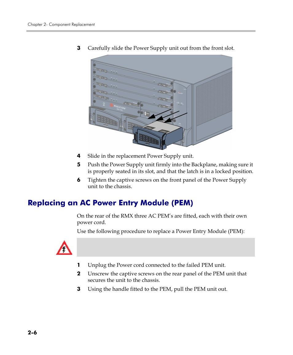 Replacing an ac power entry module (pem), Replacing an ac power entry module (pem) -6, Replacing an ac power entry module | Polycom DOC2559C User Manual | Page 50 / 63