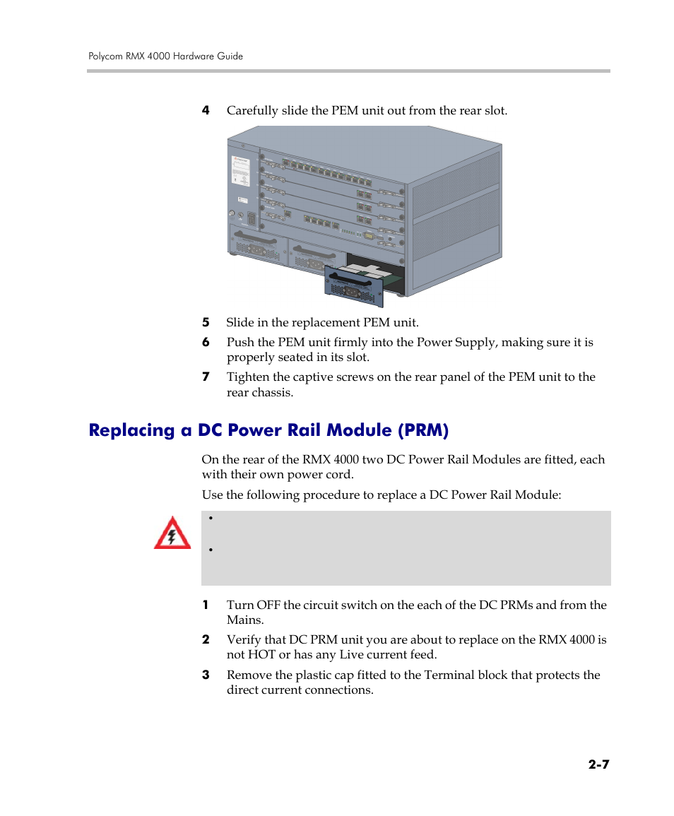 Replacing a dc power rail module (prm), Replacing a dc power rail module (prm) -7, Replacing a dc power rail module | Polycom DOC2559C User Manual | Page 51 / 63