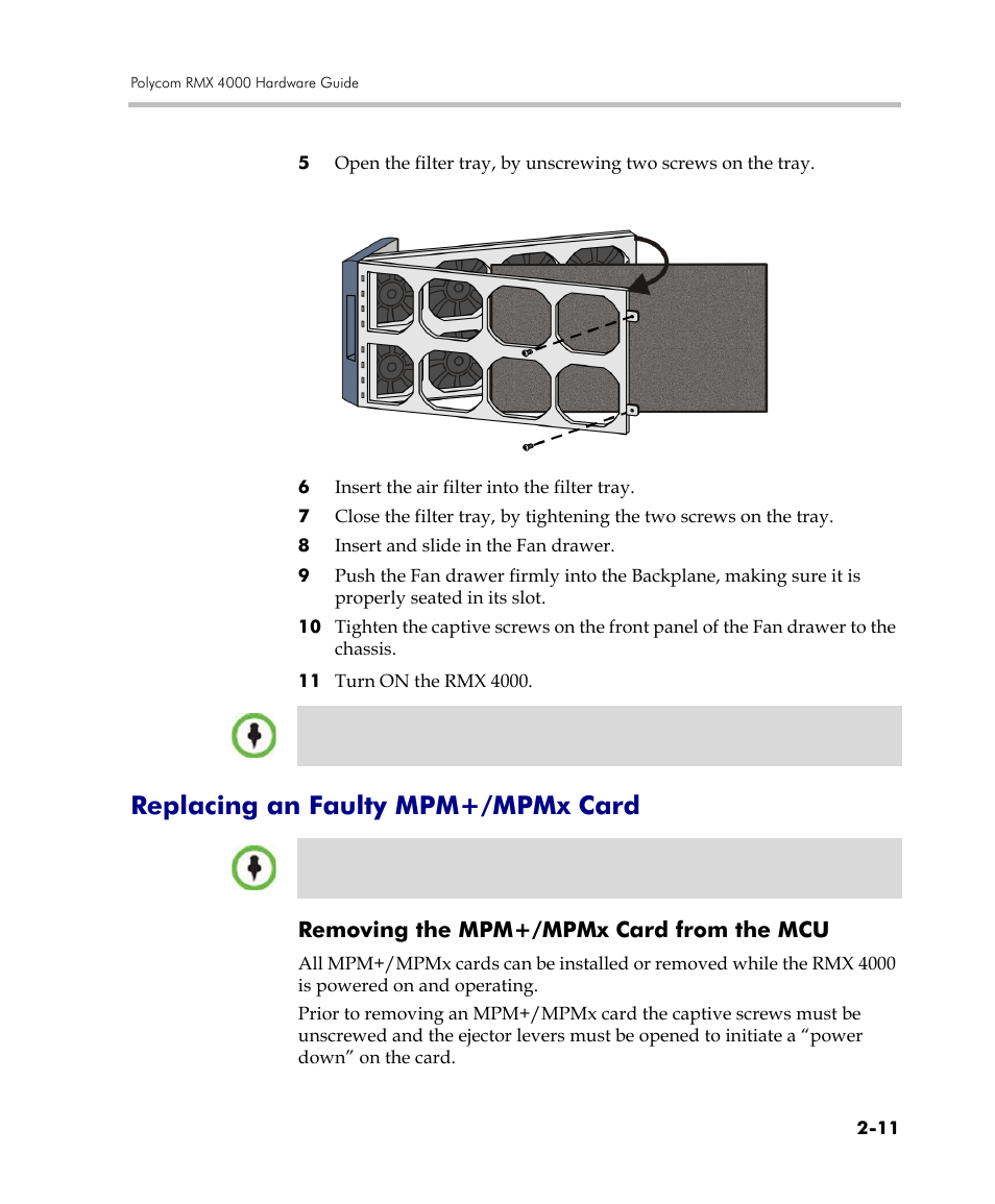 Replacing an faulty mpm+/mpmx card, Removing the mpm+/mpmx card from the mcu, Replacing an faulty mpm+/mpmx card -11 | Removing the mpm+/mpmx card from the mcu -11, See " replacing an | Polycom DOC2559C User Manual | Page 55 / 63