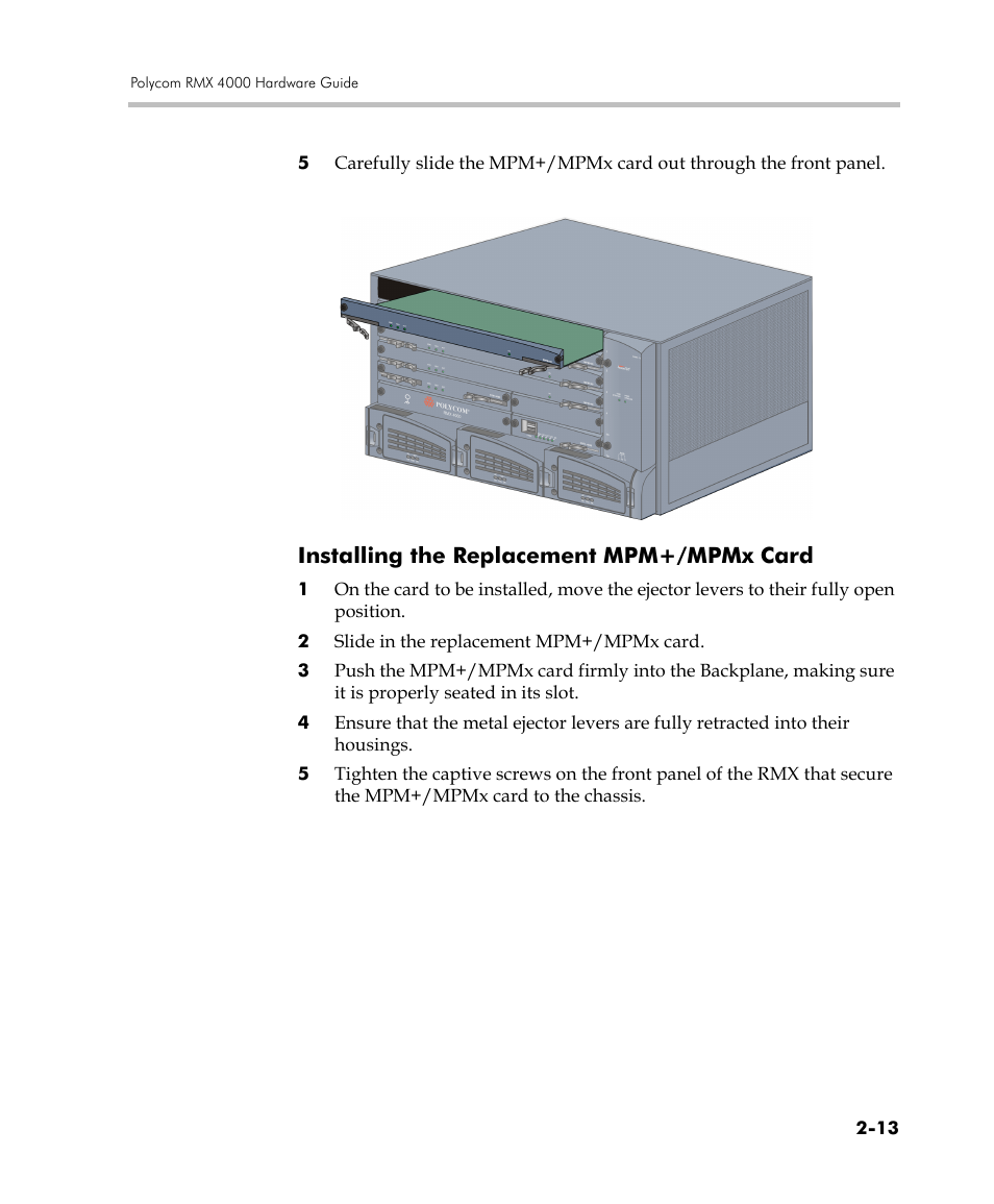 Installing the replacement mpm+/mpmx card, Installing the replacement mpm+/mpmx card -13 | Polycom DOC2559C User Manual | Page 57 / 63