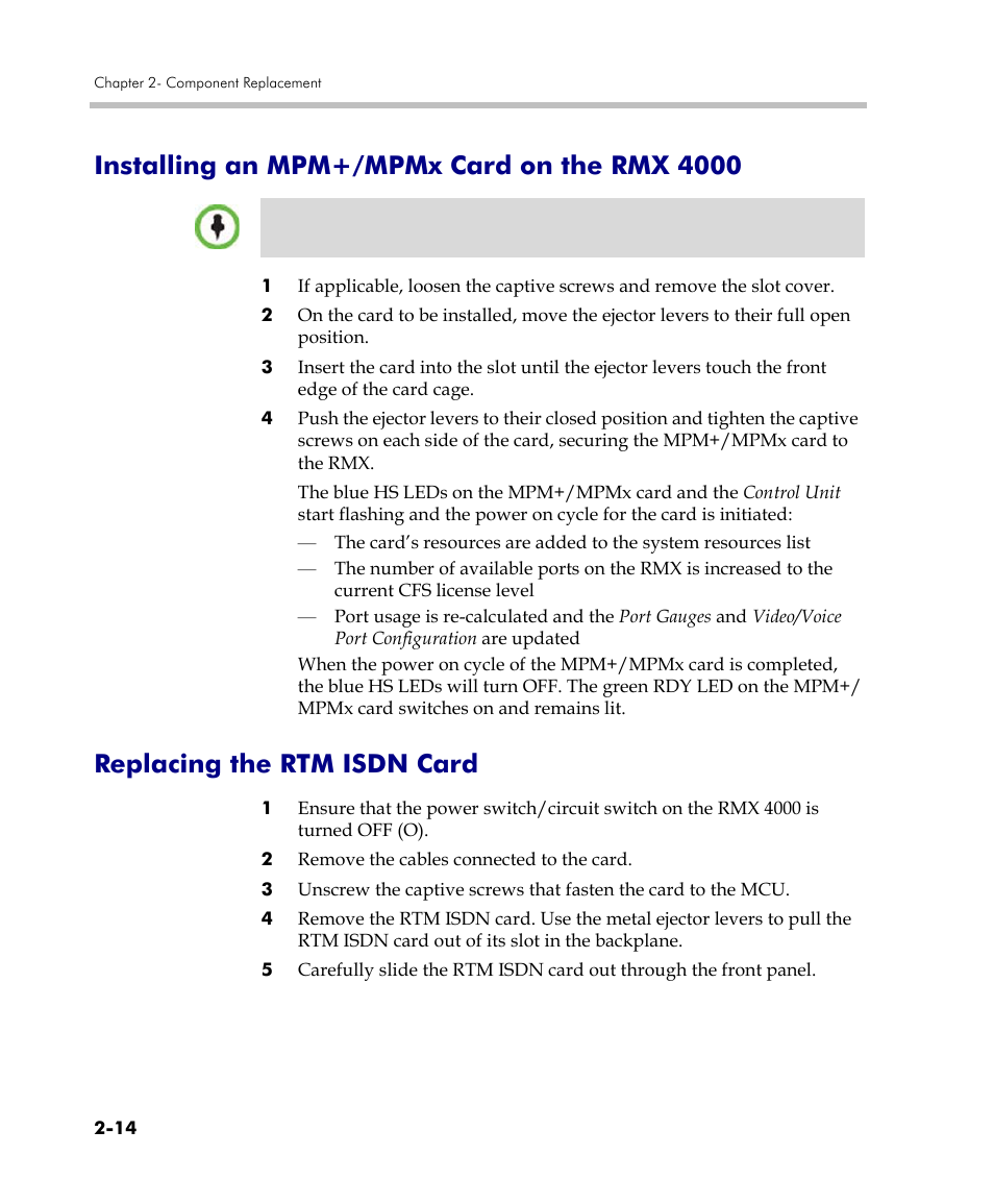 Installing an mpm+/mpmx card on the rmx 4000, Replacing the rtm isdn card | Polycom DOC2559C User Manual | Page 58 / 63