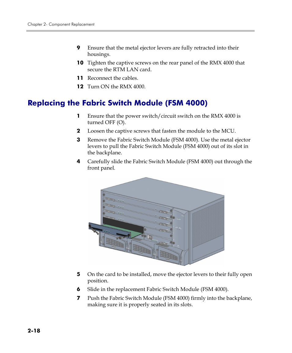 Replacing the fabric switch module (fsm 4000), Replacing the fabric switch module (fsm 4000) -18 | Polycom DOC2559C User Manual | Page 62 / 63