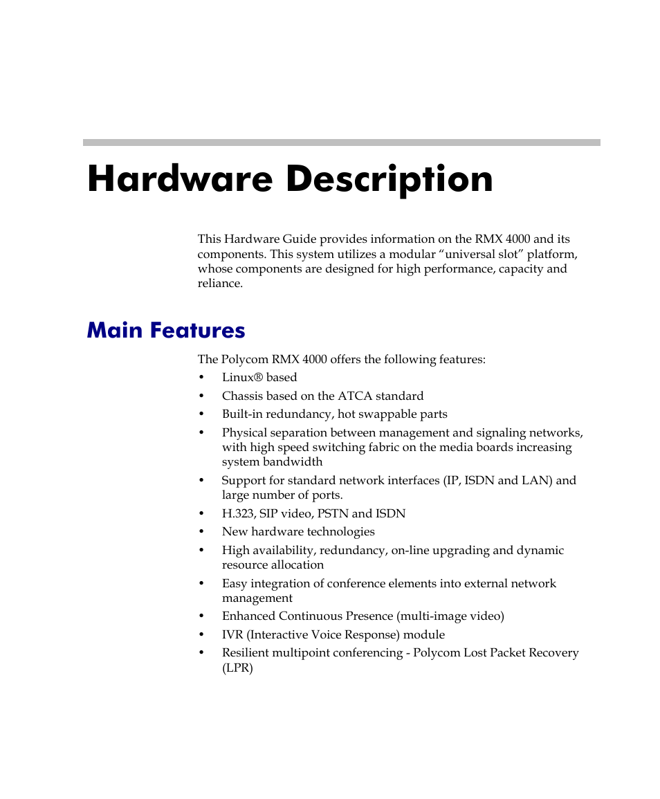 Hardware description, Main features, Hardware description -1 | Main features -1 | Polycom DOC2559C User Manual | Page 7 / 63