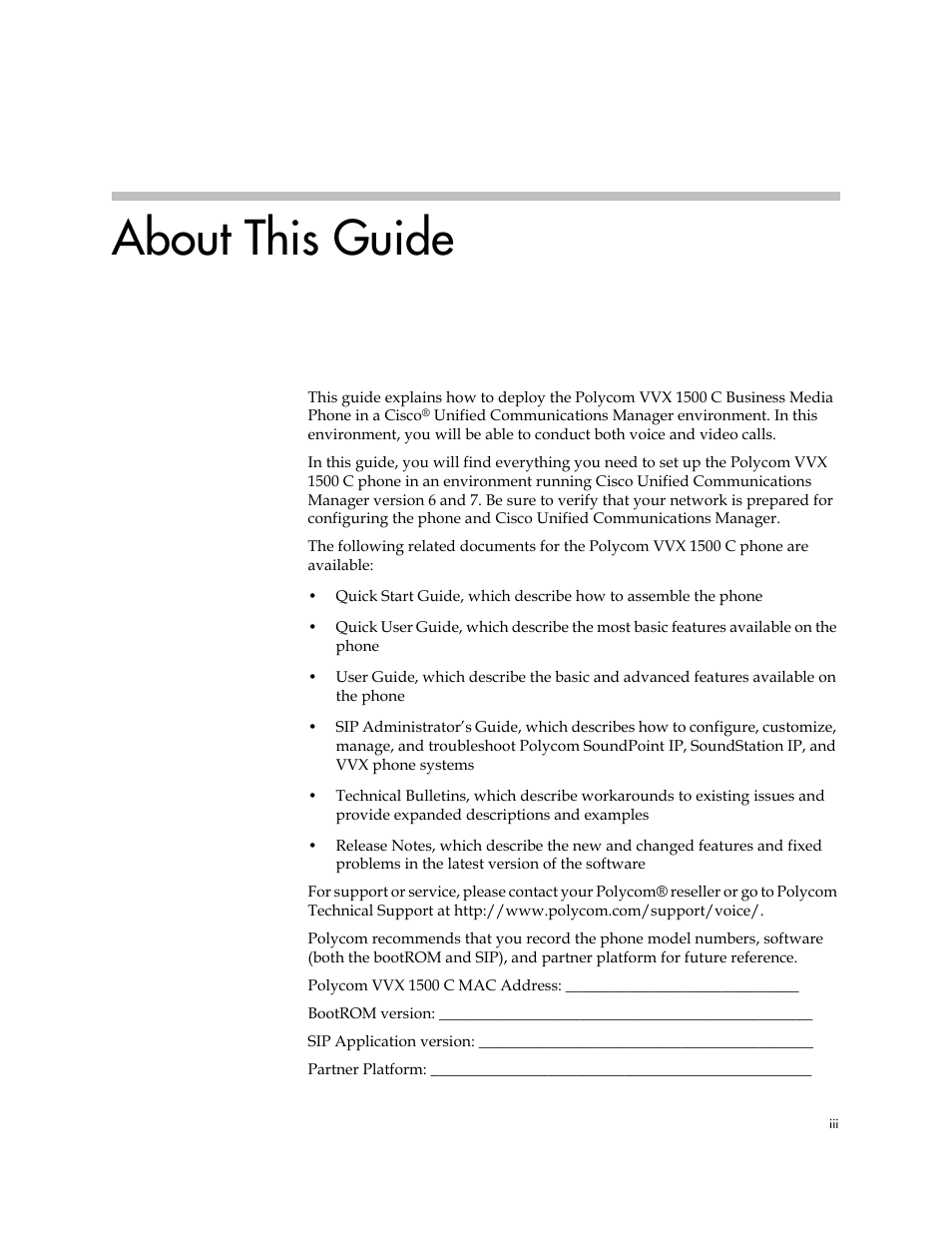 About this guide | Polycom VVX C Business  Media Phone for Cisco Unified  Communications Manager (SIP) User Manual | Page 3 / 52