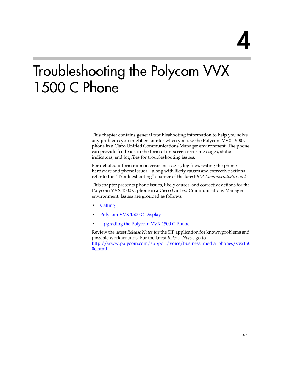 Troubleshooting the polycom vvx 1500 c phone, 4 troubleshooting the polycom vvx 1500 c phone –1, Troubleshooting the | Polycom vvx 1500 c phone, R to | Polycom VVX C Business  Media Phone for Cisco Unified  Communications Manager (SIP) User Manual | Page 37 / 52