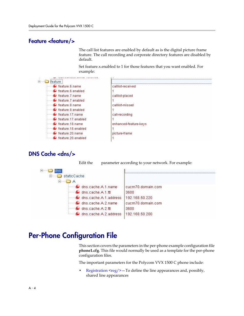 Feature <feature, Dns cache <dns, Per-phone configuration file | Feature | Polycom VVX C Business  Media Phone for Cisco Unified  Communications Manager (SIP) User Manual | Page 42 / 52