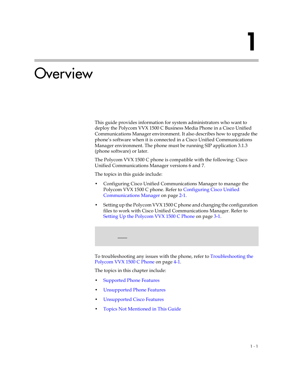Overview, 1 overview –1 | Polycom VVX C Business  Media Phone for Cisco Unified  Communications Manager (SIP) User Manual | Page 7 / 52