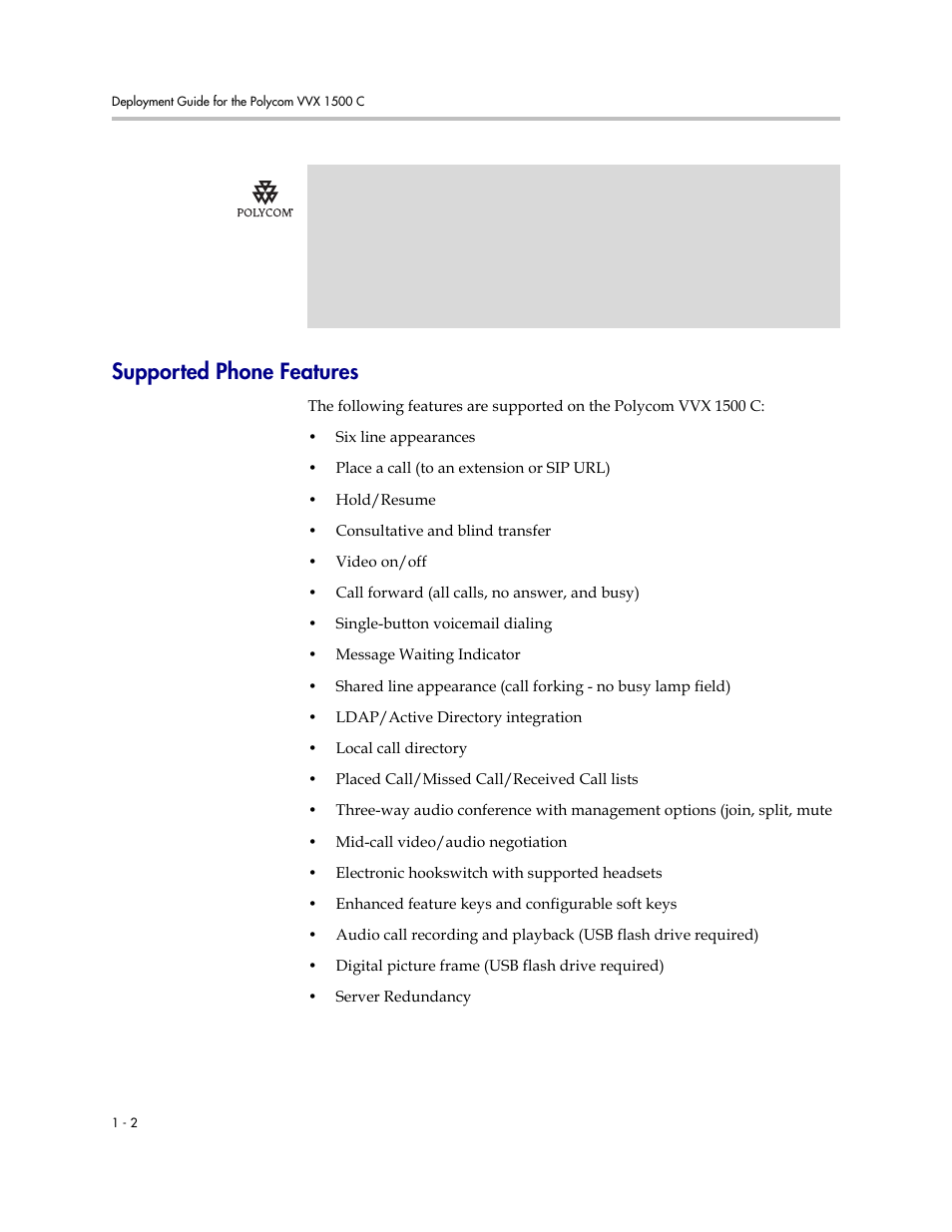 Supported phone features, Supported phone features –2 | Polycom VVX C Business  Media Phone for Cisco Unified  Communications Manager (SIP) User Manual | Page 8 / 52