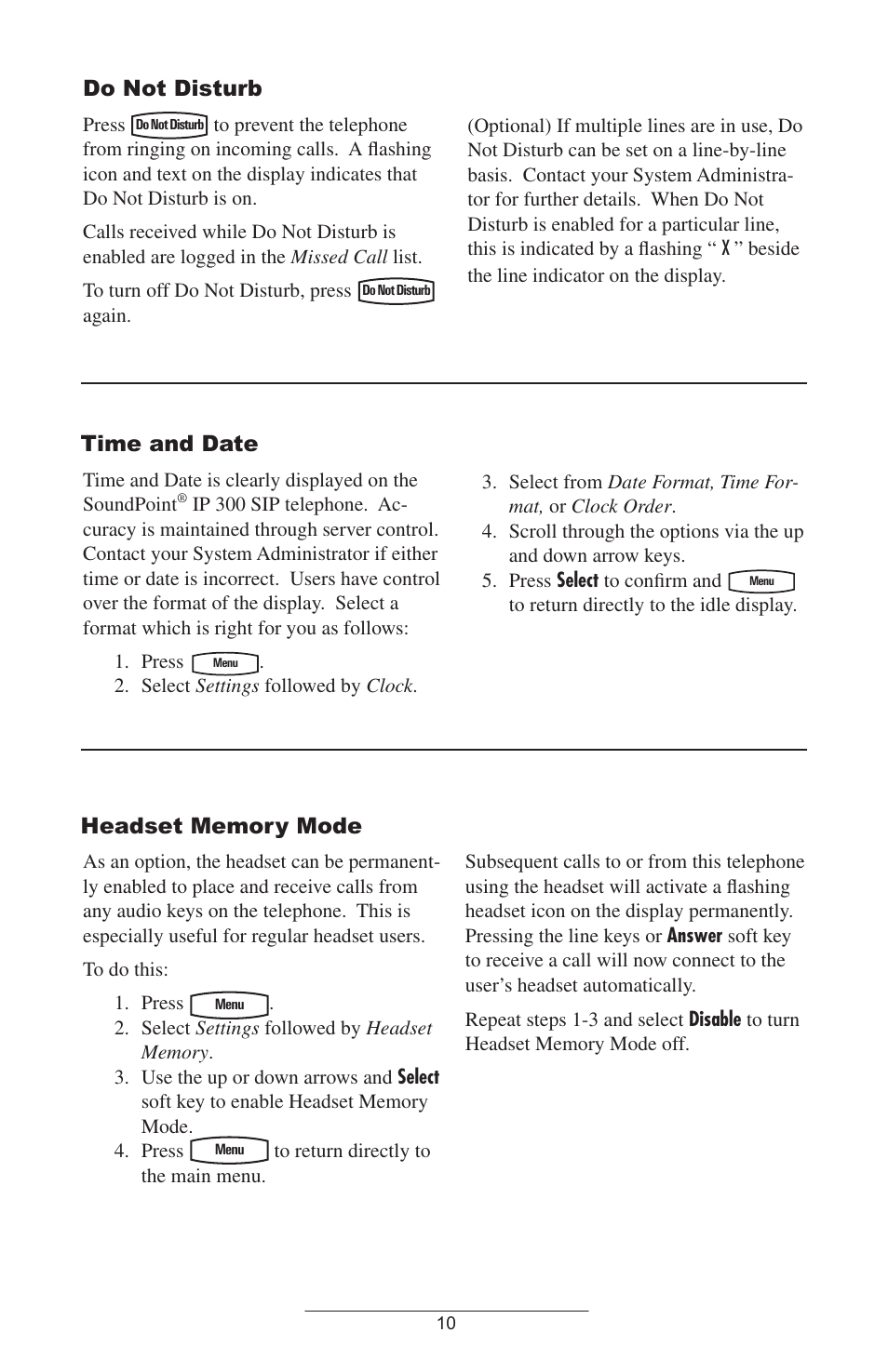 Do not disturb, Time and date, Headset memory mode | Polycom IP 300 User Manual | Page 13 / 28