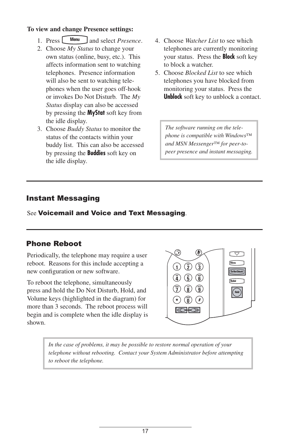 Instant messaging, Phone reboot | Polycom IP 300 User Manual | Page 20 / 28