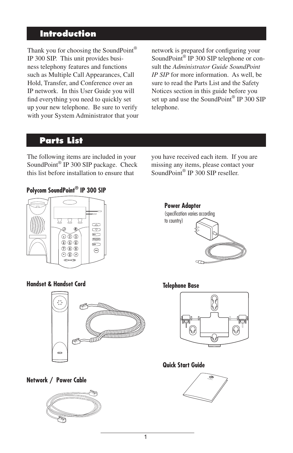 Introduction, Parts list, Introduction parts list | Ip 300 sip telephone, Ip 300 sip reseller. polycom soundpoint, Telephone base quick start guide, Specification varies according to country) | Polycom IP 300 User Manual | Page 4 / 28