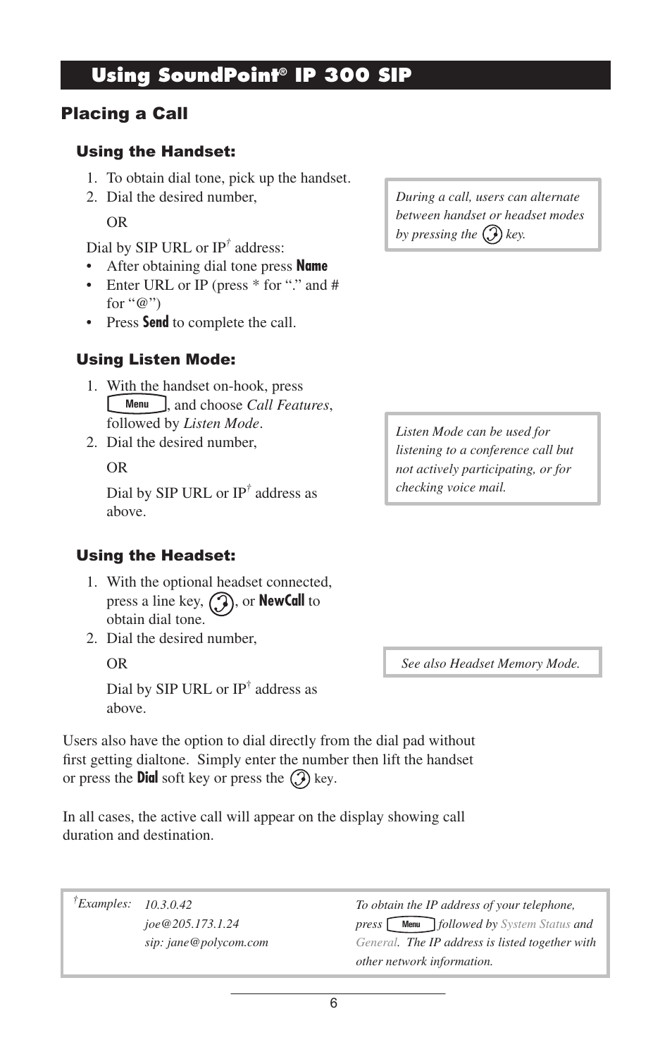 Using soundpoint, Ip 300 sip, Placing a call | Polycom IP 300 User Manual | Page 9 / 28