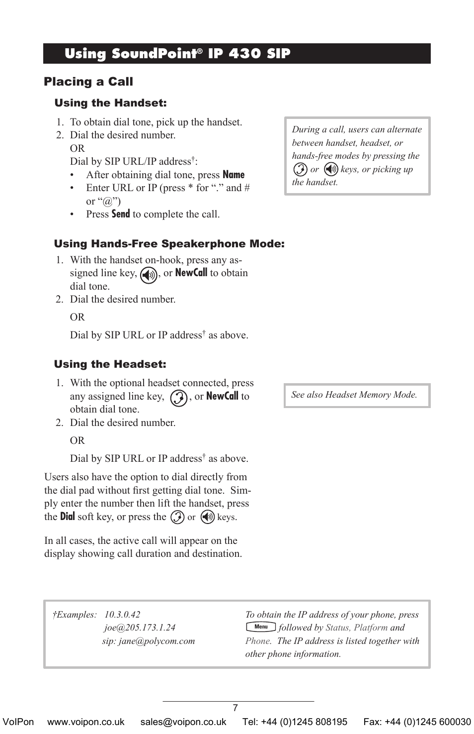 Using soundpoint, Ip 430 sip, Placing a call | Polycom SoundPoint IP 430 SIP User Manual | Page 10 / 31