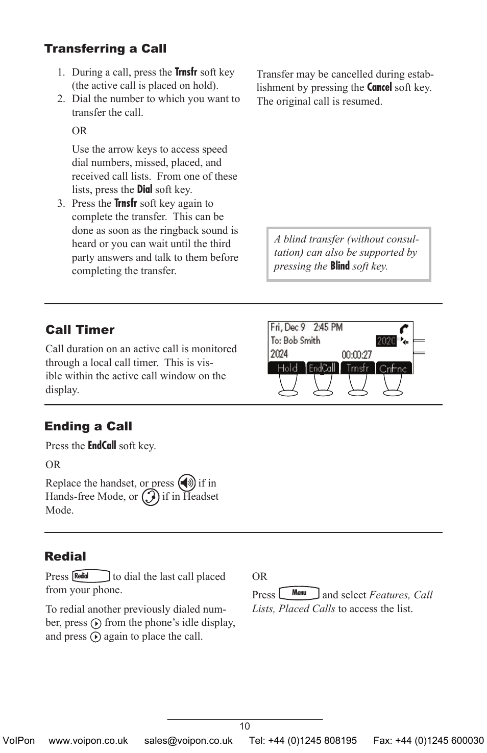 Call timer, Ending a call, Redial | Transferring a call | Polycom SoundPoint IP 430 SIP User Manual | Page 13 / 31