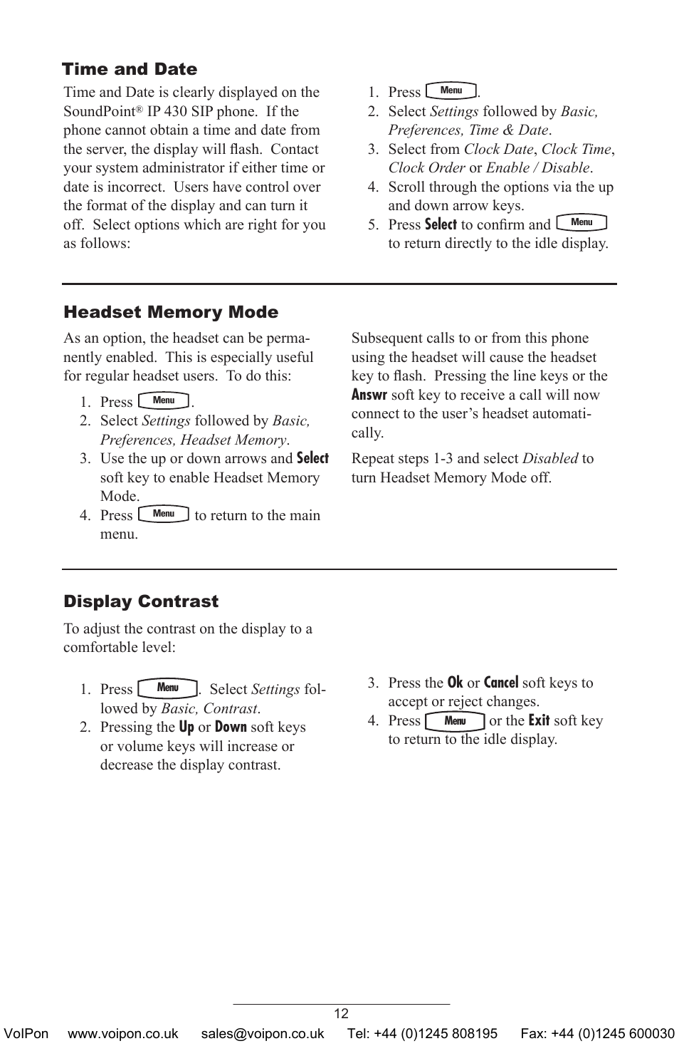 Time and date, Display contrast | Polycom SoundPoint IP 430 SIP User Manual | Page 15 / 31