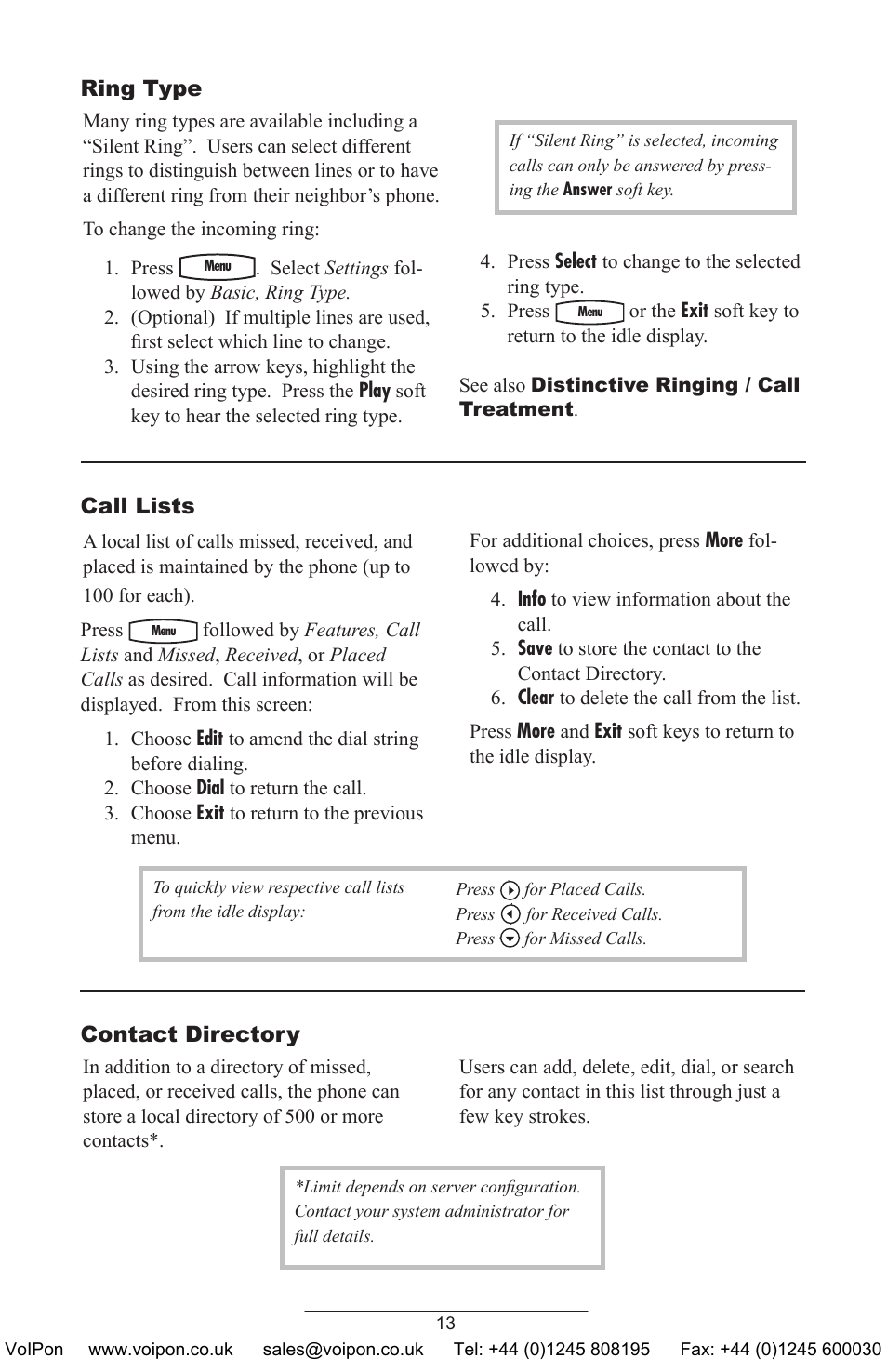 Ring type, Call lists, Contact directory | Polycom SoundPoint IP 430 SIP User Manual | Page 16 / 31