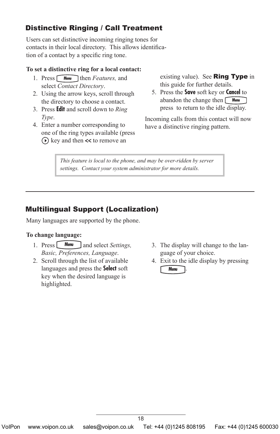 Distinctive ringing / call treatment, Multilingual support (localization) | Polycom SoundPoint IP 430 SIP User Manual | Page 21 / 31