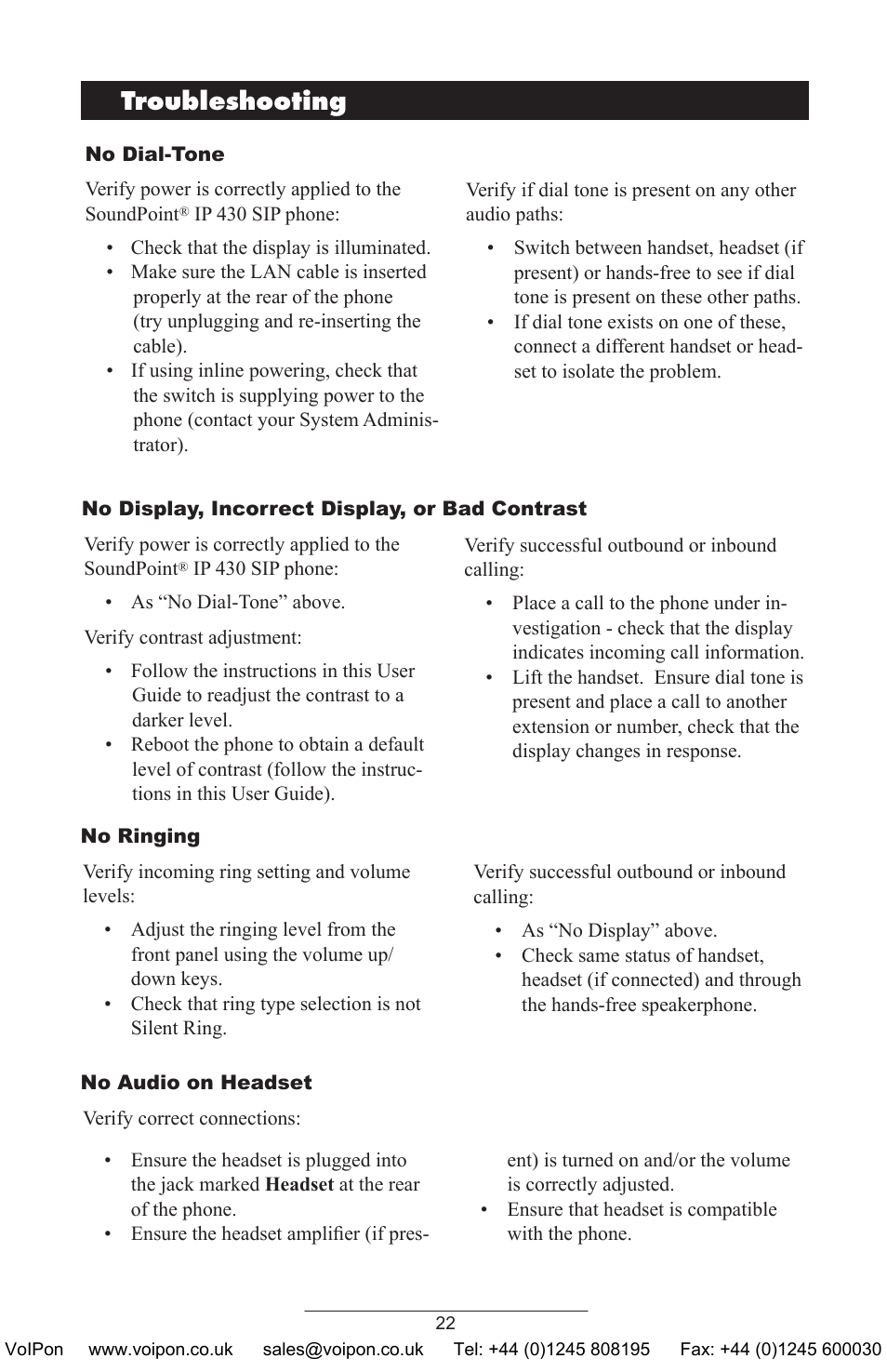 Troubleshooting | Polycom SoundPoint IP 430 SIP User Manual | Page 25 / 31