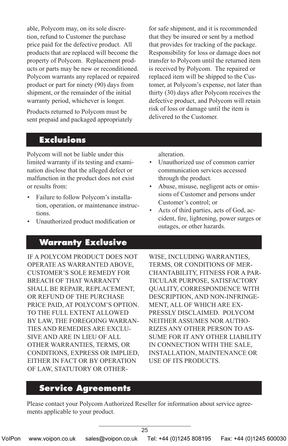 Exclusions warranty exclusive service agreements | Polycom SoundPoint IP 430 SIP User Manual | Page 28 / 31