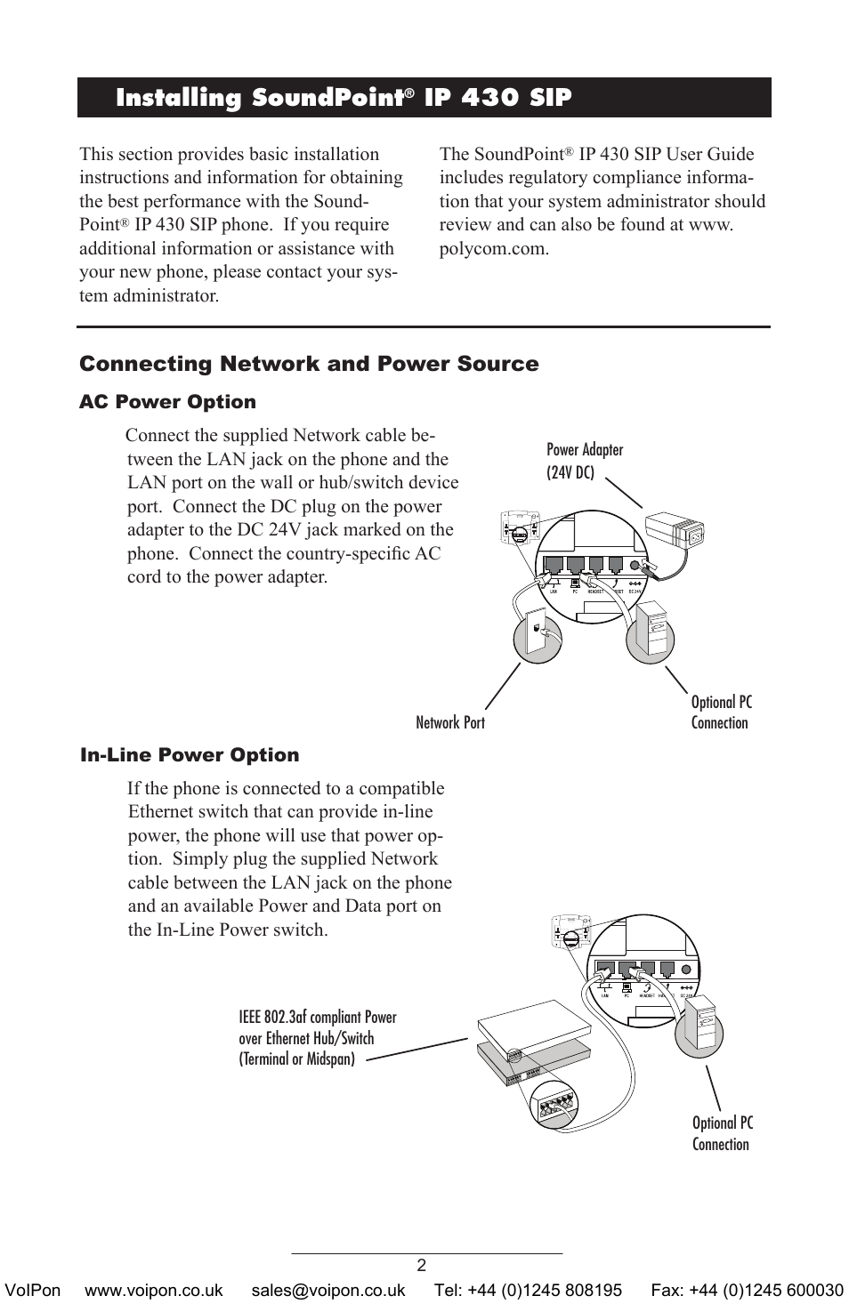 Installing soundpoint, Ip 430 sip, Connecting network and power source | Polycom SoundPoint IP 430 SIP User Manual | Page 5 / 31