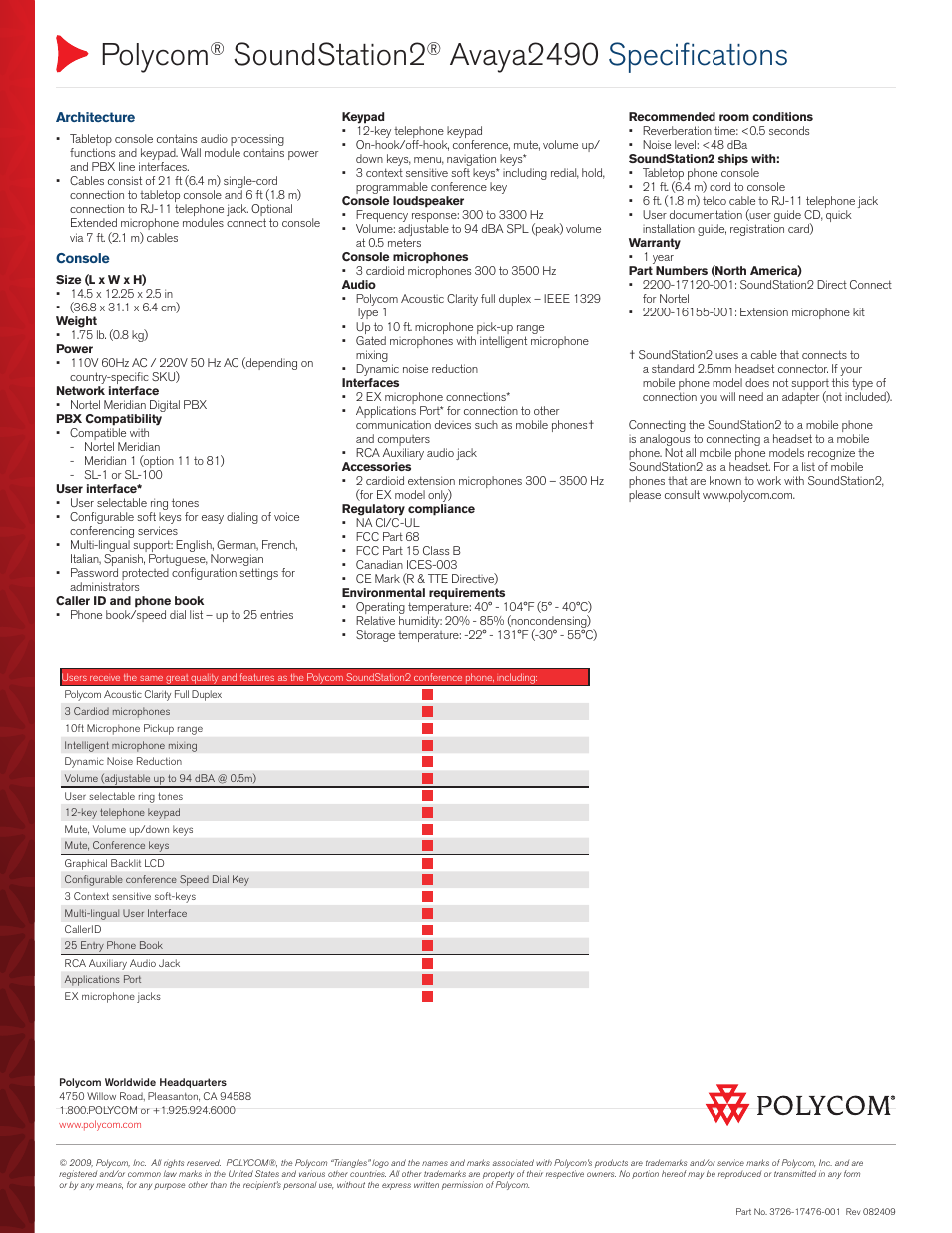 Polycom, Soundstation2, Avaya2490 specifications | Polycom 550D User Manual | Page 2 / 2