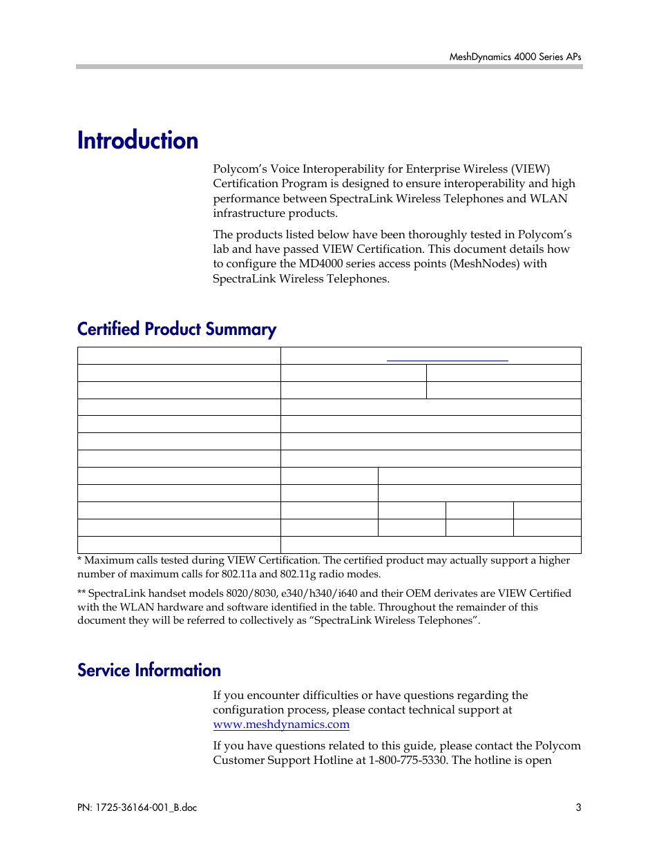 Introduction, Certified product summary, Service information | Polycom MD4000 User Manual | Page 3 / 15