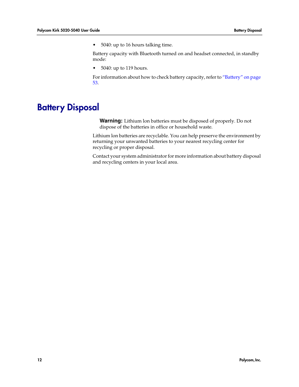 Battery disposal | Polycom KIRK 14158600-HD User Manual | Page 12 / 88