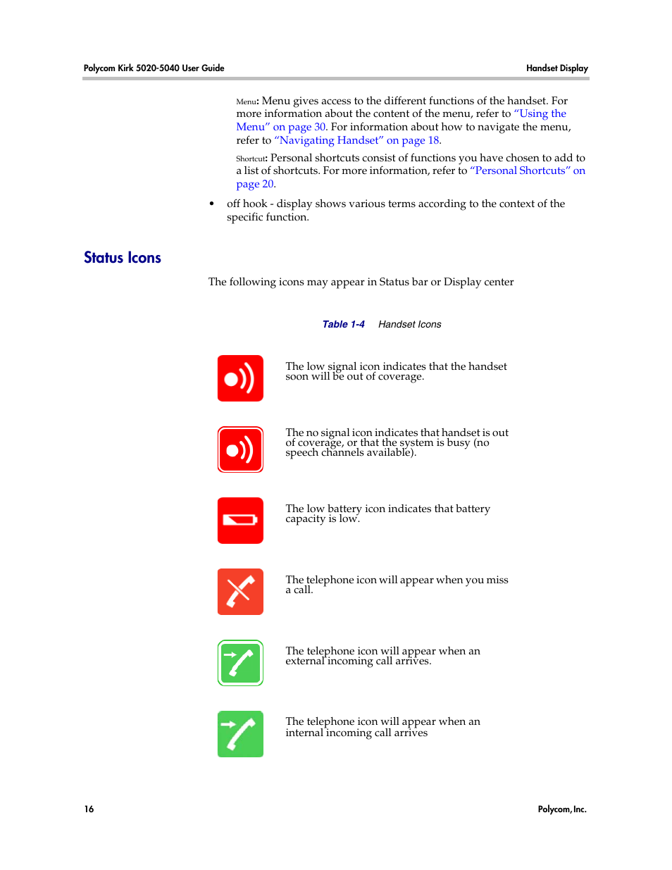 Status icons | Polycom KIRK 14158600-HD User Manual | Page 16 / 88