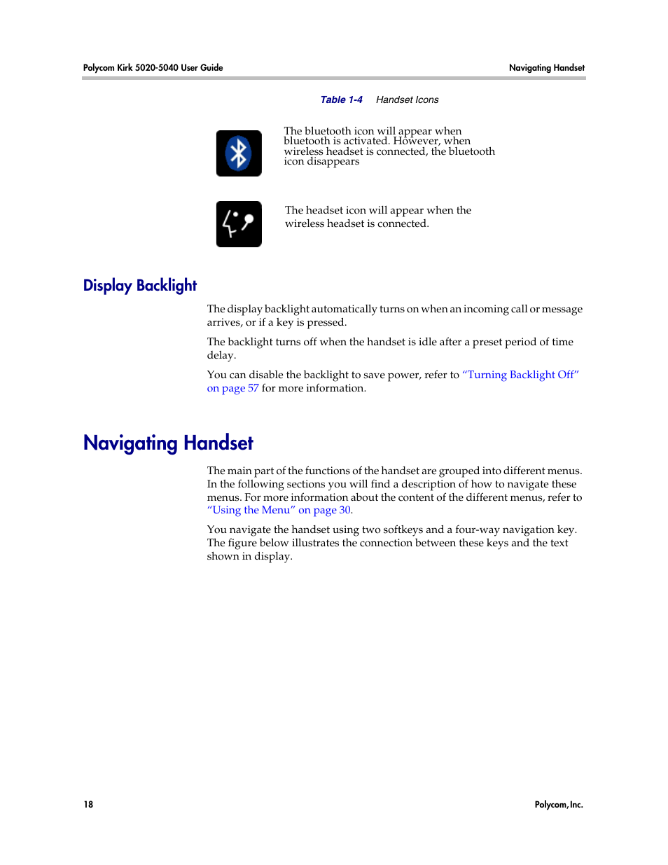 Navigating handset, Display backlight | Polycom KIRK 14158600-HD User Manual | Page 18 / 88