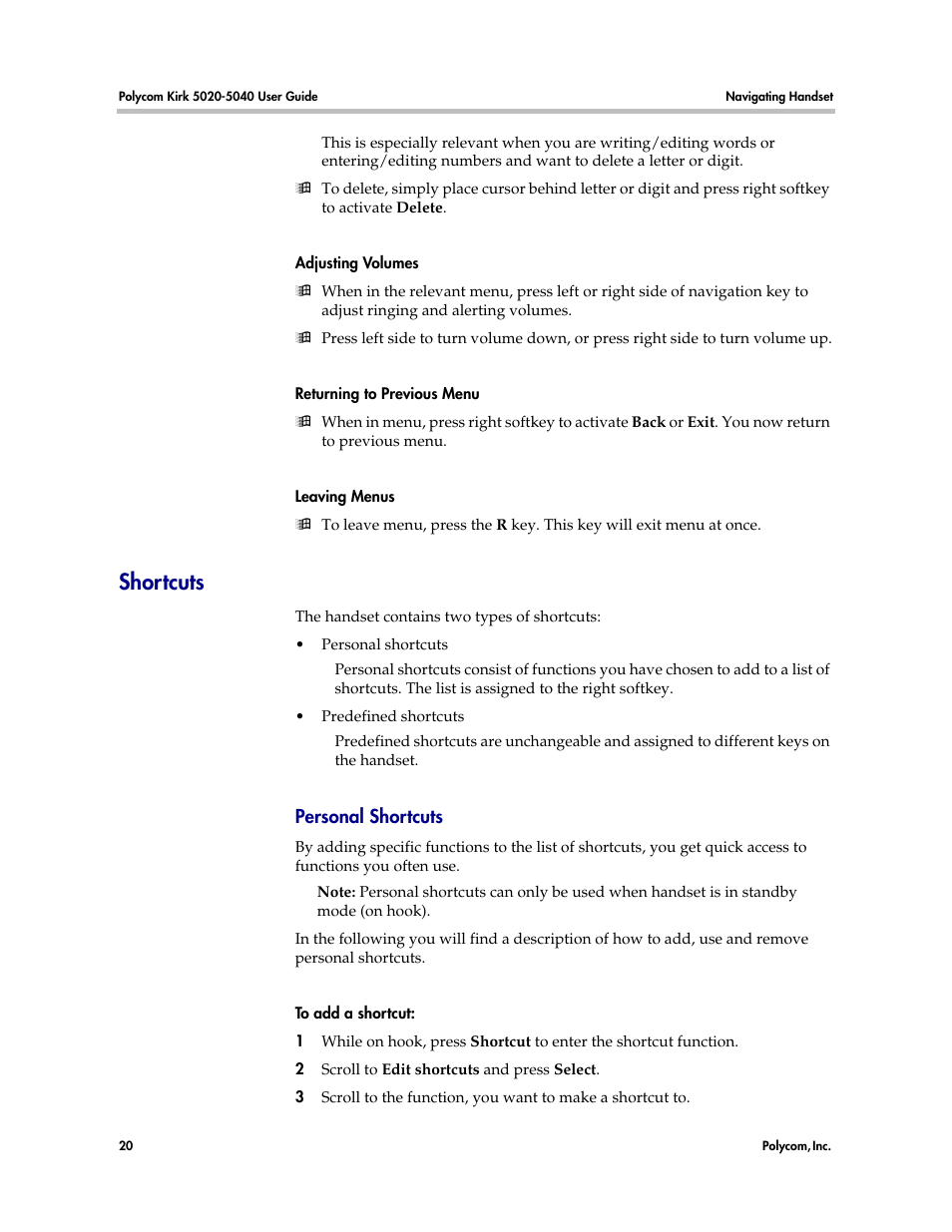 Shortcuts | Polycom KIRK 14158600-HD User Manual | Page 20 / 88