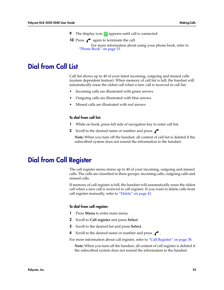 Dial from call list, Dial from call register | Polycom KIRK 14158600-HD User Manual | Page 25 / 88