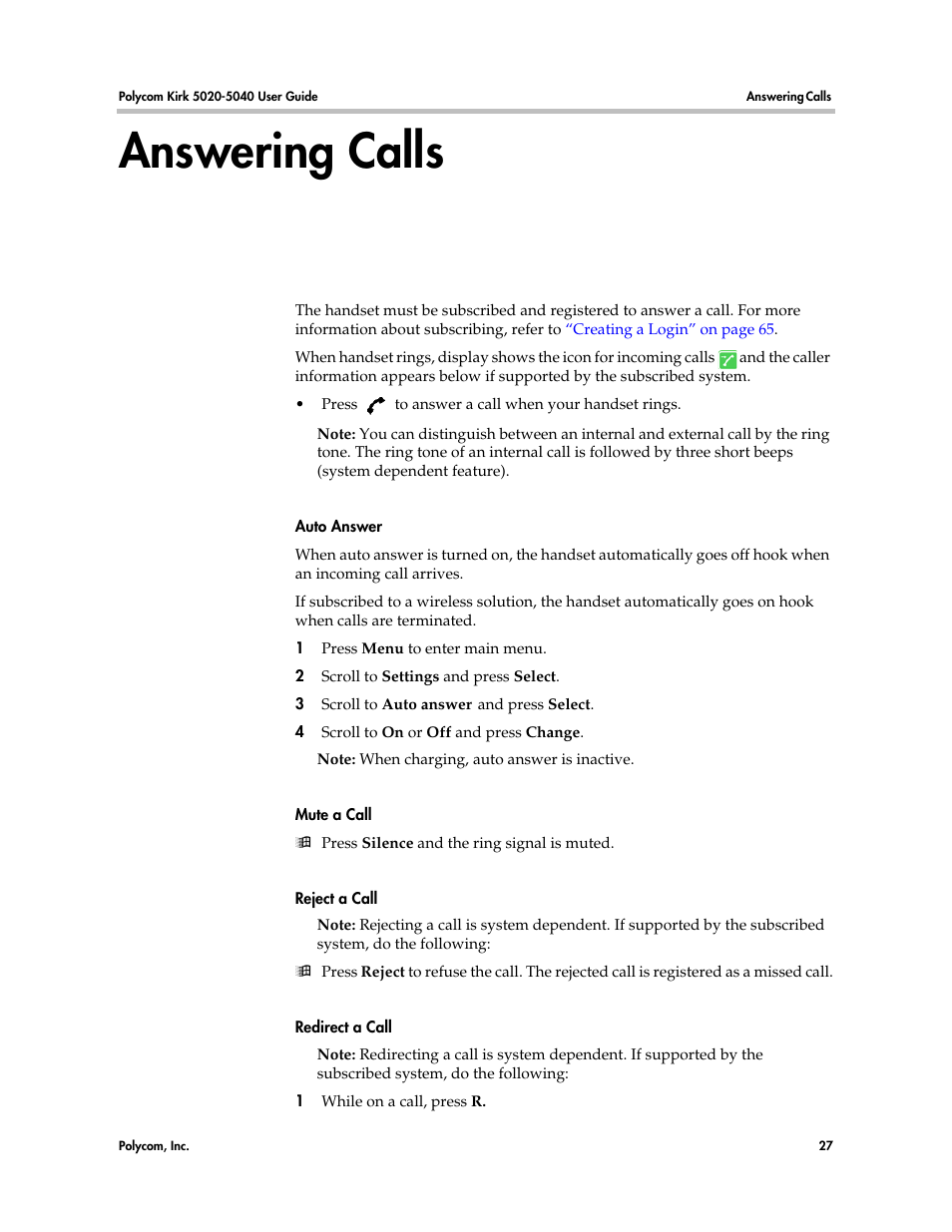 Answering calls | Polycom KIRK 14158600-HD User Manual | Page 27 / 88