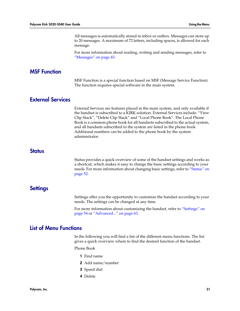 Msf function, External services, Status | Settings, List of menu functions | Polycom KIRK 14158600-HD User Manual | Page 31 / 88